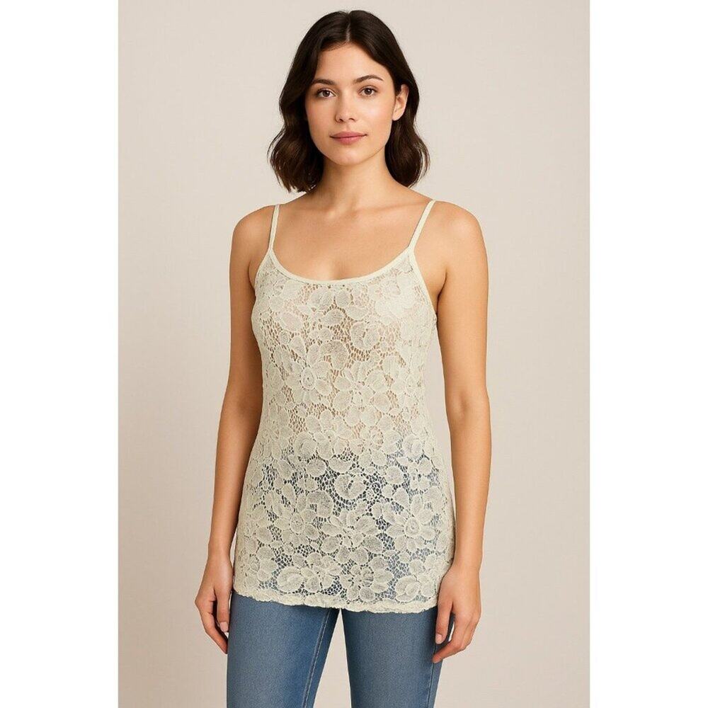 Imaginary Voyage Metallic Cream Lace Sheer Tank Top – Adjustable Straps, Size L